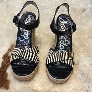 Sam Edelman Black and Ivory Striped Espadrille Wedge Sandals with Ankle Strap